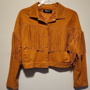 Blue B Women's Faux Suede Tan Fringe Western Cropped Snap Button Jacket Small